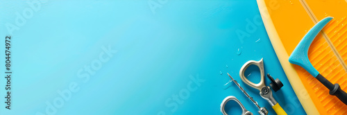 Surfboard repair kit web banner. Repair tools placed on blue background with copy space. photo