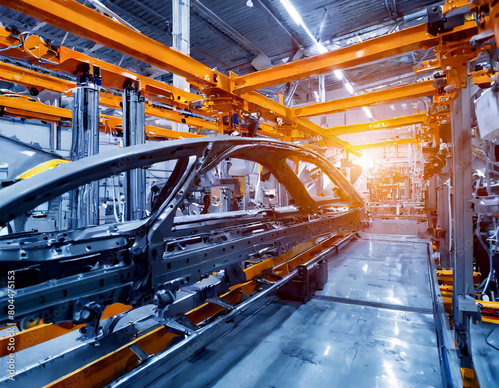 Car manufacturing process Car body frame on the production line in the factory Car manufacturing process Car body frame on the production line in the factory