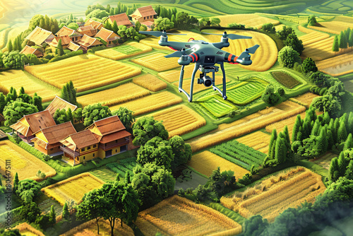 Illustration of drones hydrogenating rice fields, rural revitalization agricultural new productivity concept background photo
