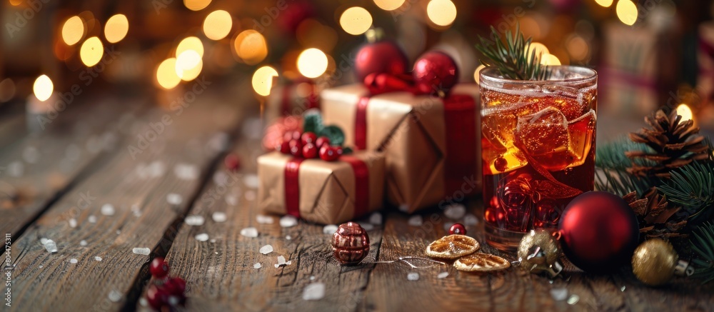 Glass of Tea by Festive Presents on Wooden Table