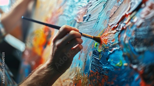 A man painting on a canvas immersed in the creative process and free from the distractions of technology. photo