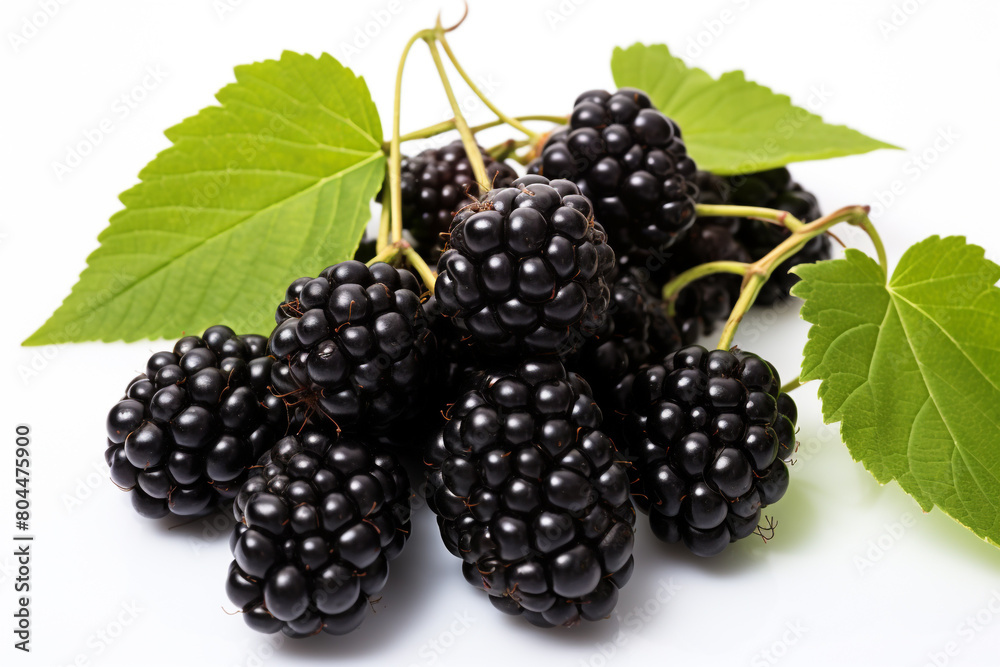 A cluster of ripe blackberries hanging from the vine in a sunlit garden, isolated on solid white background. A cluster of ripe blackberries hanging from the vine in a sunlit garden, isolated on solid white background.