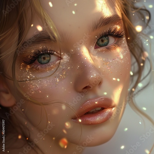 Un maquillaje con puntos dorados, sobre el rostro de una chica muy joven photo