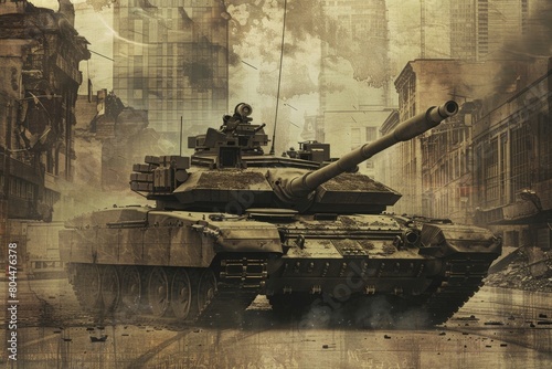 A vintage-style poster featuring an Military tank M1 Abrams in an urban combat setting The text emphasizes the tanks adaptability