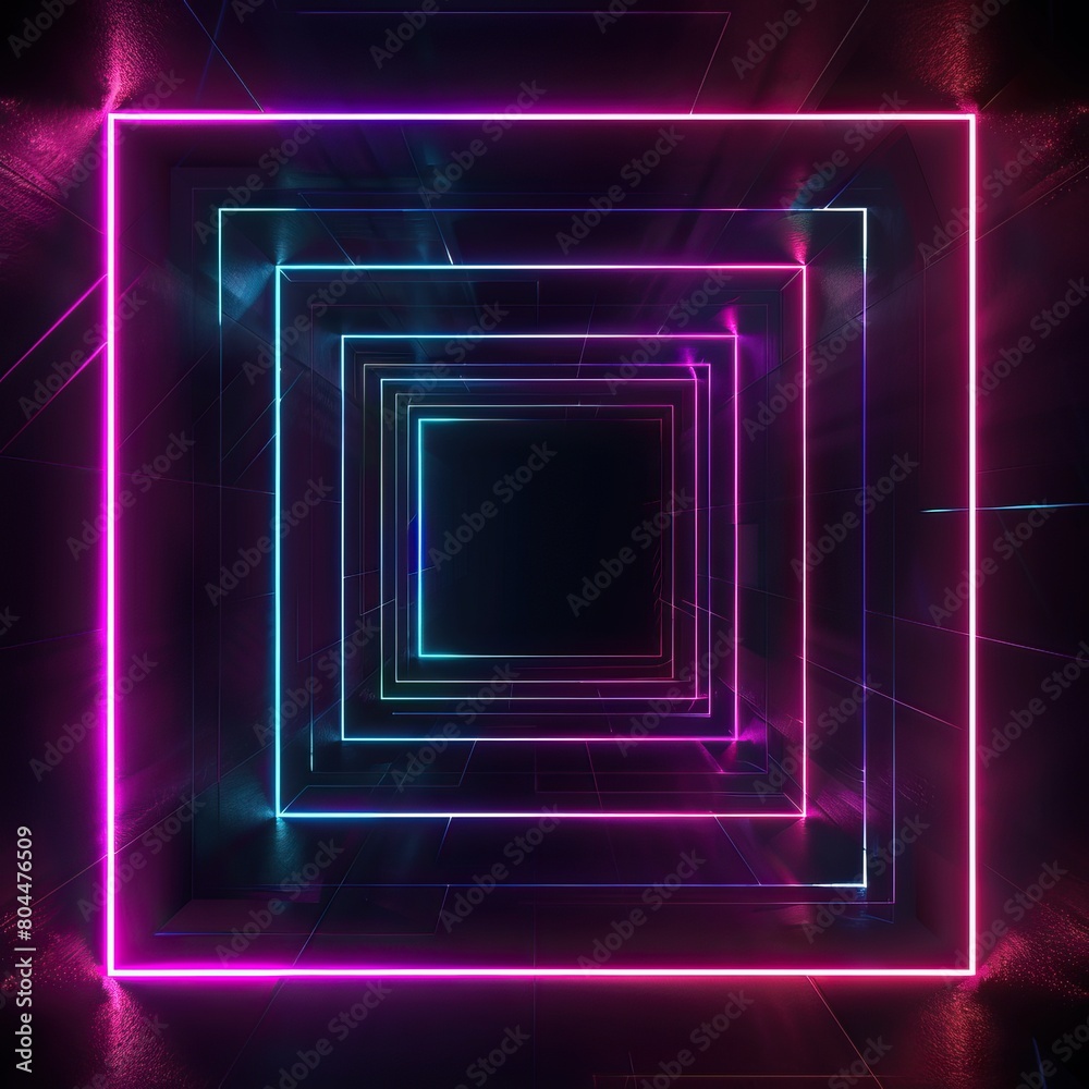 Glowing neon square tunnel, virtual reality, hi-tech, laser show, game level. Glowing neon square tunnel, virtual reality, hi-tech, laser show, game level.