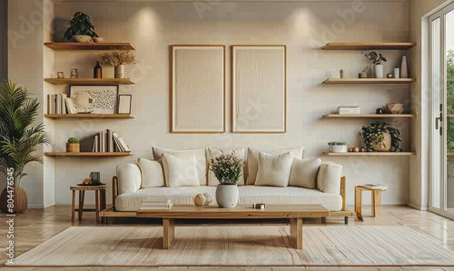 Cozy and minimalist style home interior. Natural wood style  featuring modern furnishings and decorative elements