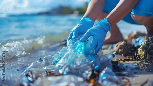 Volunteer hands cleaning up plastic litter in beach or urban areas: A detailed perspective. Concept Environmental Conservation, Community Action, Volunteer Work, Plastic Pollution, Litter Cleanup