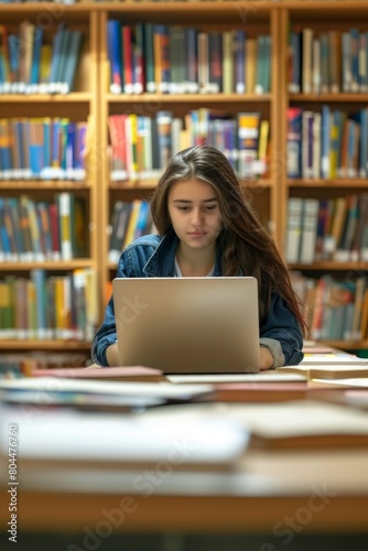 A Young German female student study in the school library she using laptop and learning online