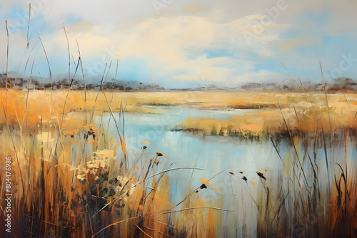 calming meadow bordering marsh  abstract landscape art  painting background  wallpaper  generative ai
