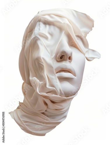 Sculpted face of a young woman wrapped in cloth. Fabric portrait conceptual art on white background.