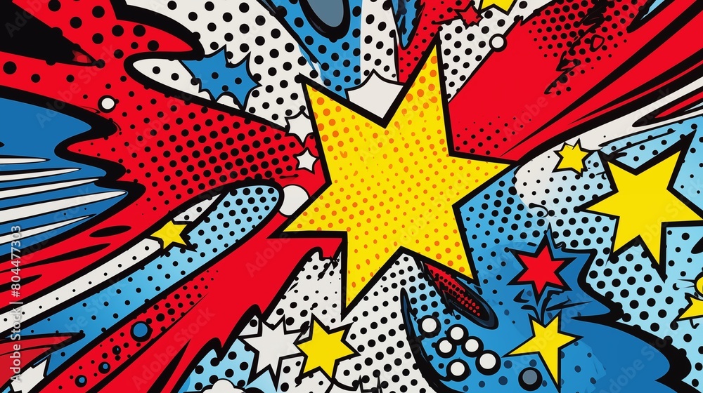 Vibrant Pop Art Style Comic Book Explosion with Halftone Pattern and Bold Colors.