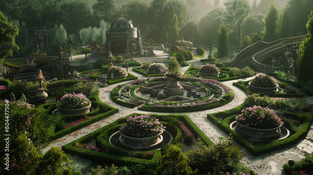 An expansive garden designed as a metaphorical map of knowledge, with paths representing theology, fountains symbolizing science