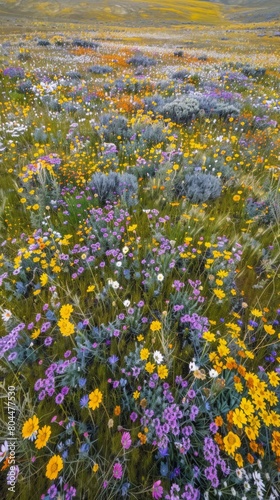 Aerial view of a vast field carpeted with colorful wildflowers, resembling a vibrant patchwork quilt