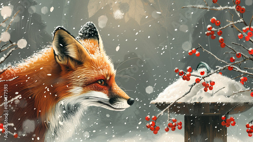 Curious Christmas fox investigating a bird feeder adorned with winter berries. Paper artwork. photo