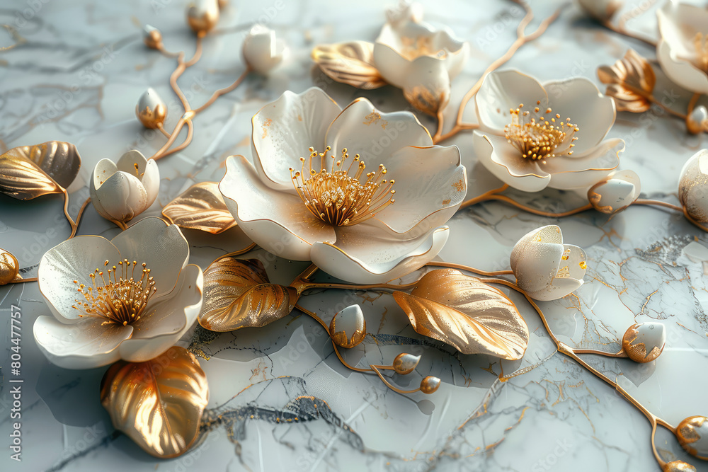 3D floral background with gold and white flowers on marble surface. Created with Ai