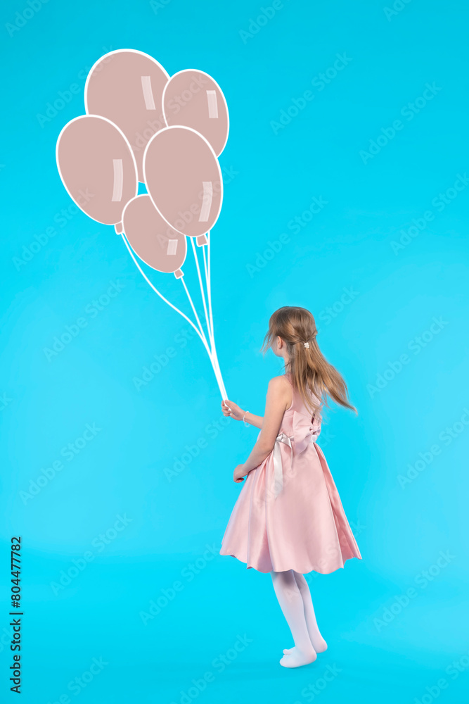 girl in pink dress with drawing balloons running on blue background girl in pink dress with drawing balloons running on blue background