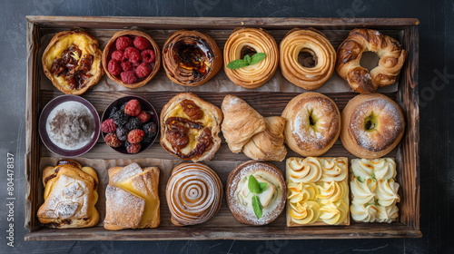 Beautiful array of freshly baked pastries arranged on a rustic wooden tray