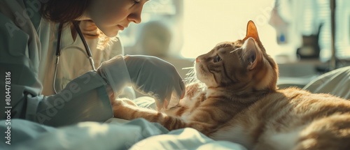 caring veterinarian with a furry patient cat, tenderly providing care and comfort