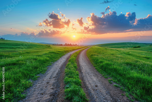A dirt road leading through the green grass  with clouds in the blue sky at sunset. Created with Ai