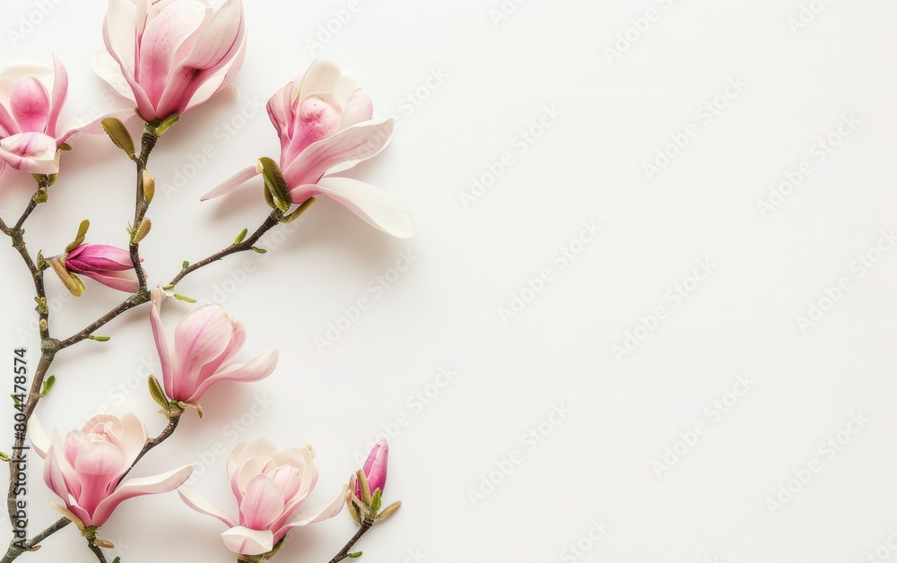 Photo of Magnolia branch with pink flowers on white background, free space for text