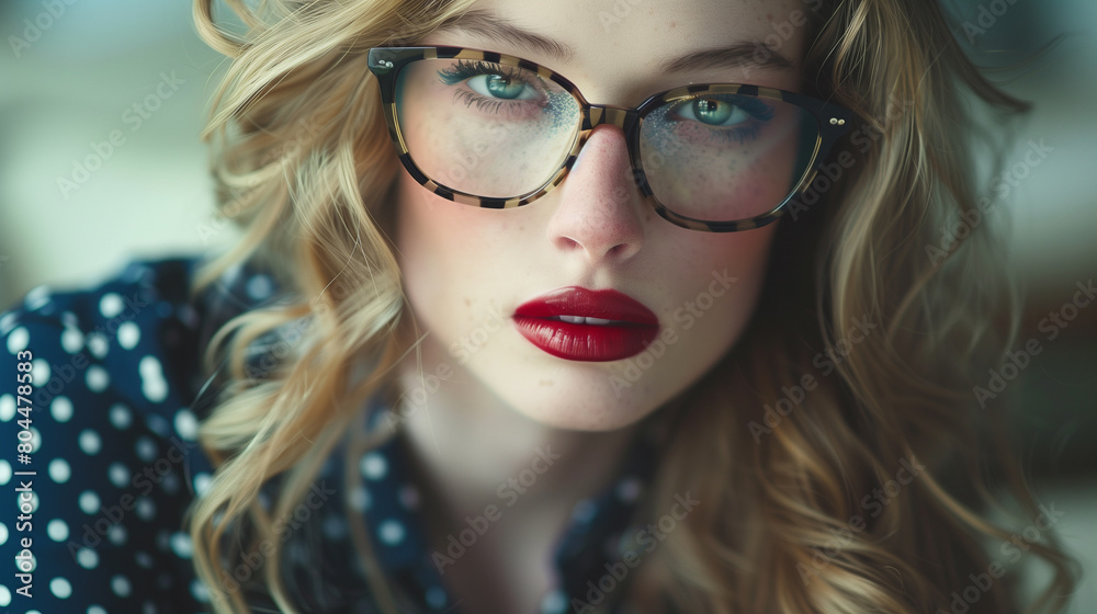 A close-up photo captures a fashion model donning retro-style glasses and bold red lipstick. She exudes elegance in a navy blue polka dot print shirt, evoking vintage charm and sophistication. A close-up photo captures a fashion model donning retro-style glasses and bold red lipstick. She exudes elegance in a navy blue polka dot print shirt, evoking vintage charm and sophistication.