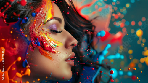 A beautiful woman had colorful paint splashing 