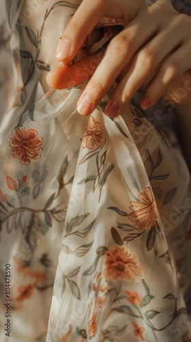 Close-up of a delicate floral pattern on a flowing sundress, fingers gently tracing the textured fabric © ktianngoen0128