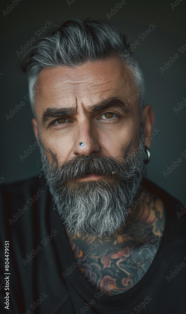 A handsome middle-aged man with short hair and a beard, silver-gray hair color, and expressive eyes stands out with tattoos adorning his neck and ears, exuding a distinctive and confident style.