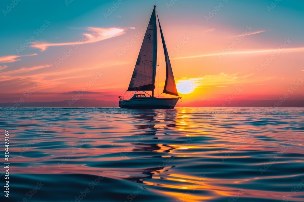 Close-up of a single sailboat silhouetted against a vibrant sunset, its sails reflecting the warm light of the fading day