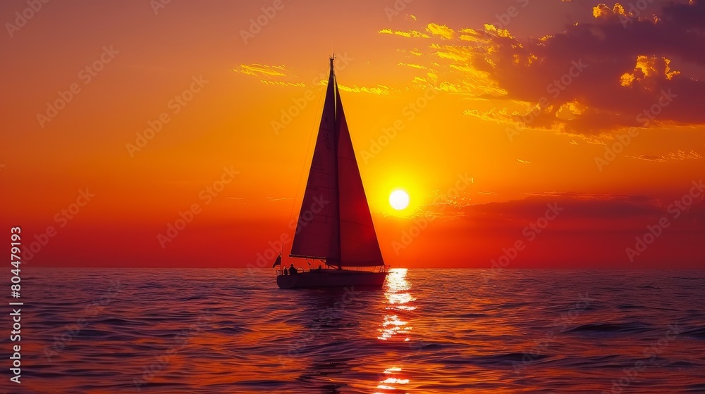 Close-up of a single sailboat silhouetted against a vibrant sunset, its sails reflecting the warm light of the fading day