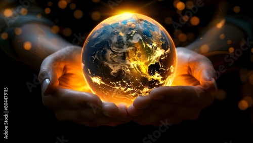 Holding Earth at Night  A Symbol of Energy Conservation and Earth Day. Concept Earth Day  Energy Conservation  Earth at Night  Global Awareness  Environmental Responsibility