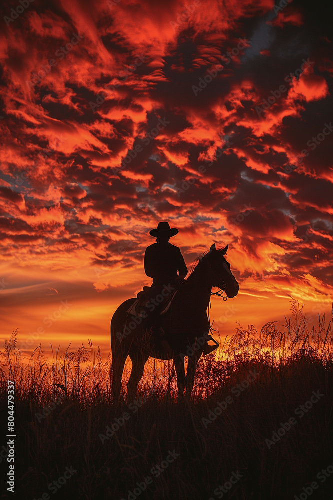 A rider on horseback, silhouetted against a fiery evening sky A rider on horseback, silhouetted against a fiery evening sky