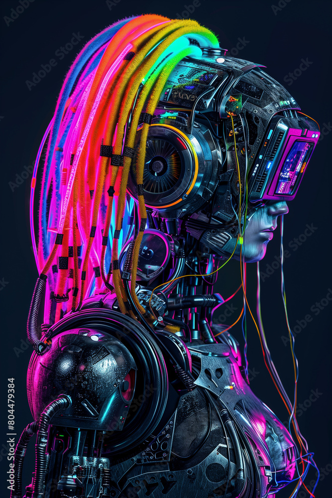 A robot with a glowing mask covering its face, adorned with rainbow-colored hair and cascading dreadlocks in front of its chest, emanating a futuristic and vibrant aesthetic. A robot with a glowing mask covering its face, adorned with rainbow-colored hair and cascading dreadlocks in front of its chest, emanating a futuristic and vibrant aesthetic.