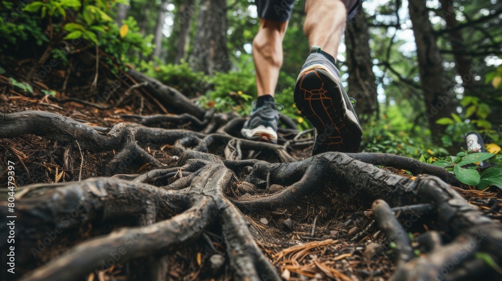 Close-up of a trail runners hands gripping gnarled tree roots for balance on a steep descent Close-up of a trail runners hands gripping gnarled tree roots for balance on a steep descent