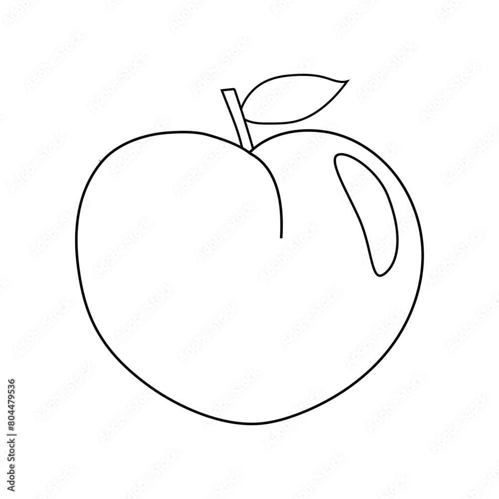 Ripe peach fruit with leaf, doodle style vector outline for coloring book Ripe peach fruit with leaf, doodle style vector outline for coloring book