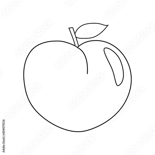 Ripe peach fruit with leaf, doodle style vector outline for coloring book