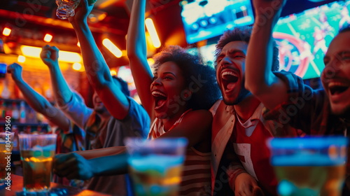 Group of elated friends clapping and cheering while watching a sports game at a bar, drinks in hand