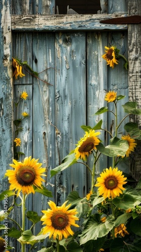 Close-up of a weathered barn door framed by vibrant sunflowers, capturing the rustic charm of a summer landscape