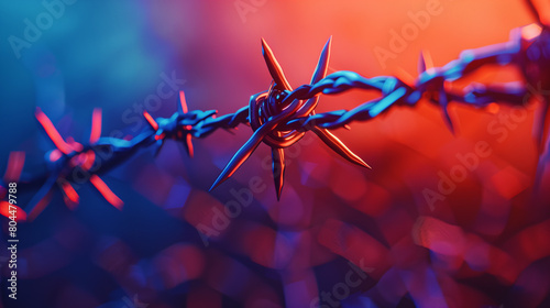 Close-up macro photography of barbed wire against a striking blue and orange background, accentuating its intricate details and rugged texture.