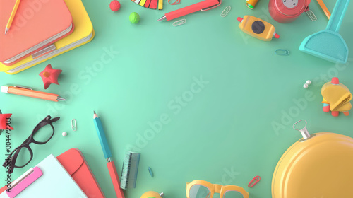 Top view composition of back to school supplies, perfect for educational designs. Dive into a colorful 3D render showcasing organized stationery essentials, ideal for students and teachers alike. photo