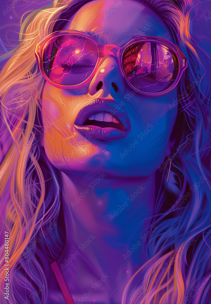 A digital portrait of a blonde, joyful young female fashion model with long hair, adorned with sunglasses, set against a vibrant purple and blue background, exuding a sense of style and happiness.