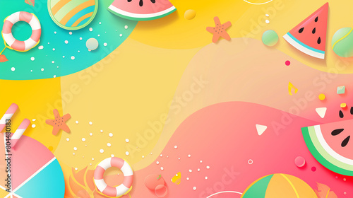 Flat illustration of vibrant summer elements in a simple design centered on a colorful background.