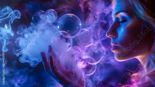 A woman using telekinesis to control thought bubbles in a law of attraction demonstration. Concept Telekinesis, Thought Bubbles, Law of Attraction, Woman Demonstration, Mind Control photo