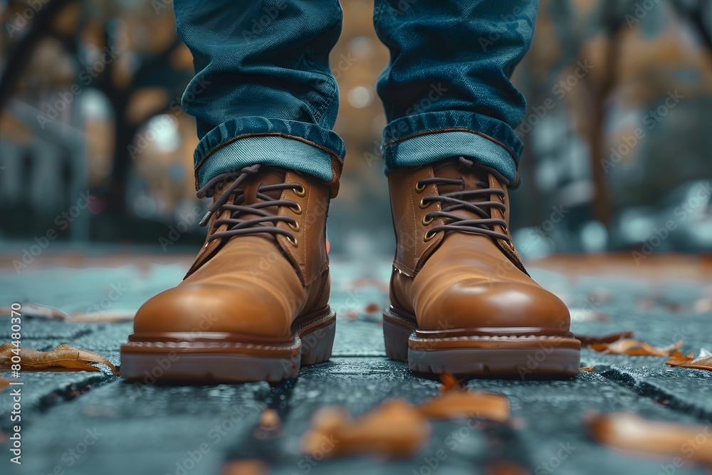 Close-up of a person wearing leather shoes and old jeans walking alone on the sidewalk. Suitable for the concept of unemployment, going on adventures, independence, Finding myself, seeking experience. Close-up of a person wearing leather shoes and old jeans walking alone on the sidewalk. Suitable for the concept of unemployment, going on adventures, independence, Finding myself, seeking experience.