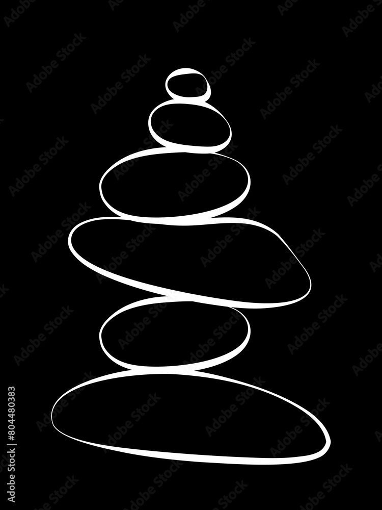 Balance stone pyramid silhouette. Pebble harmony tower. Zen, meditation, relaxing or tranquility vector concept isolated on black background Balance stone pyramid silhouette. Pebble harmony tower. Zen, meditation, relaxing or tranquility vector concept isolated on black background