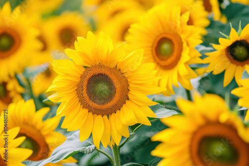 Beautiful field of blooming sunflowers under the sun with lush green leaves in the background