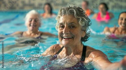 Portrait of senior female having group aqua training class in gym