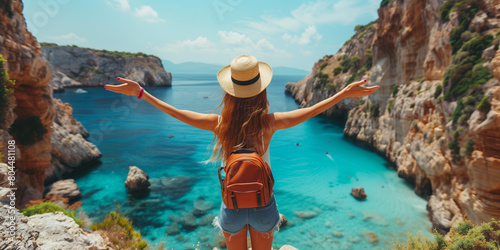 A traveler stands with arms outstretched on a cliff, overlooking the stunning turquoise waters of a serene ocean view, embodying the spirit of summer adventure photo