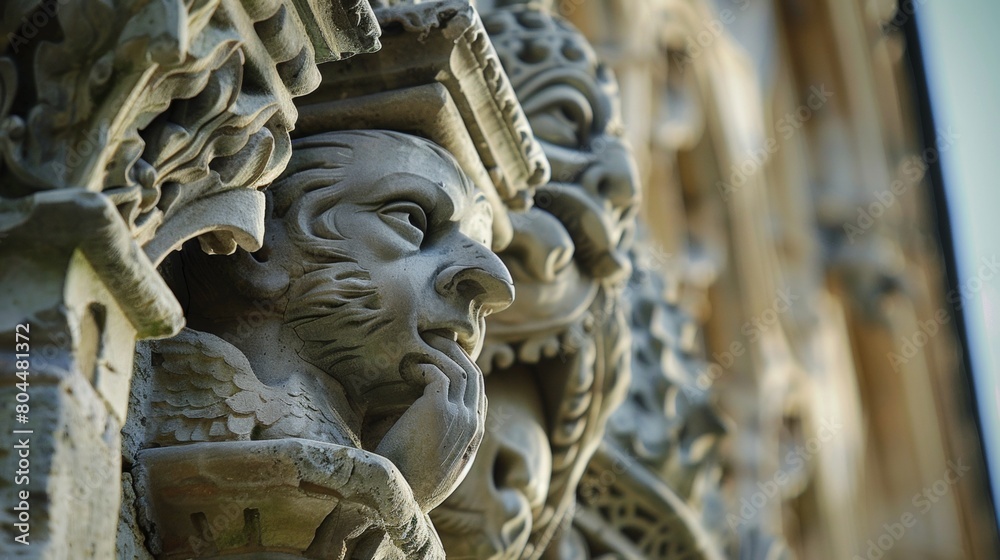 Gargoyles and intricate stonework of an old building, close-up emphasizing their unique forms Gargoyles and intricate stonework of an old building, close-up emphasizing their unique forms