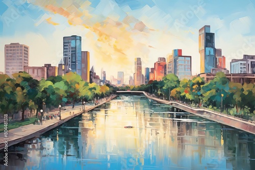 Infuse the spirit of impressionism into a panoramic exploration of environmental conservation in a street art format Incorporate a lively cityscape with flowing rivers